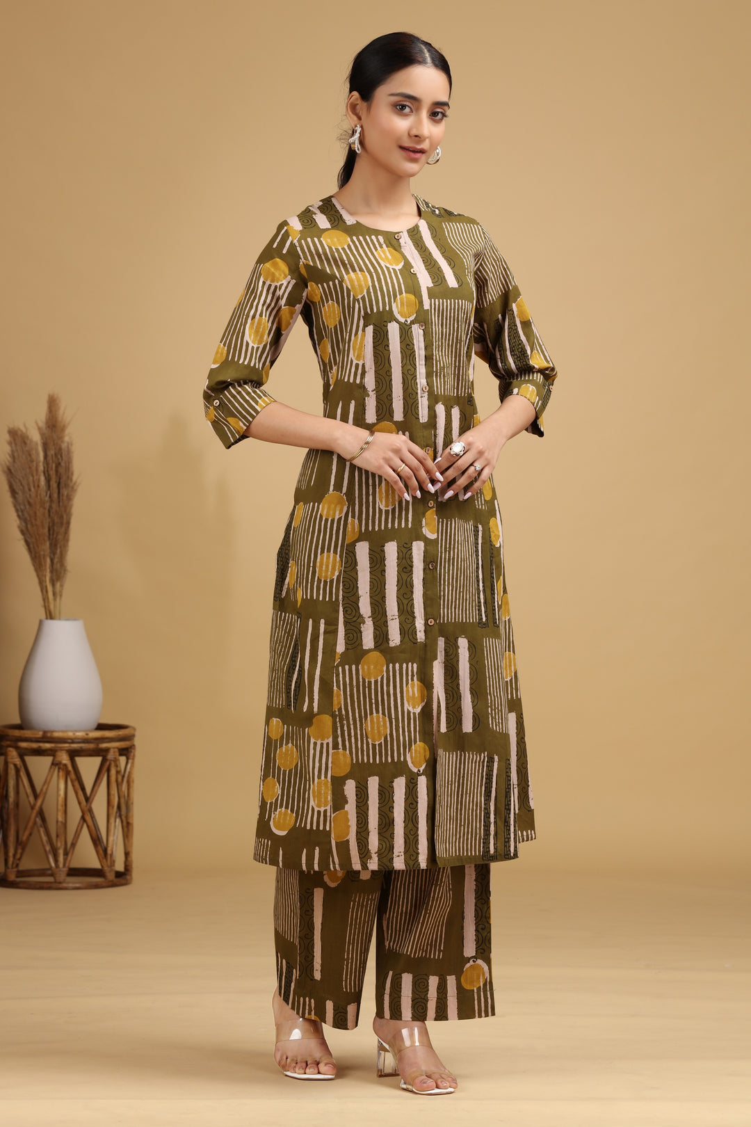 Olive Abstract Printed Straight Co-ord Set