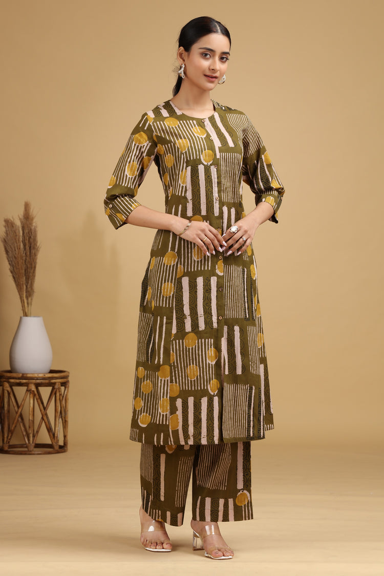 Olive Abstract Printed Straight Co-ord Set