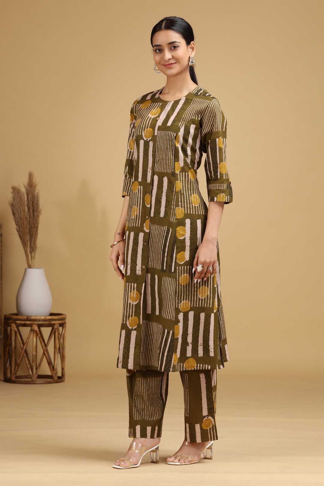 Olive Abstract Printed Straight Co-ord Set