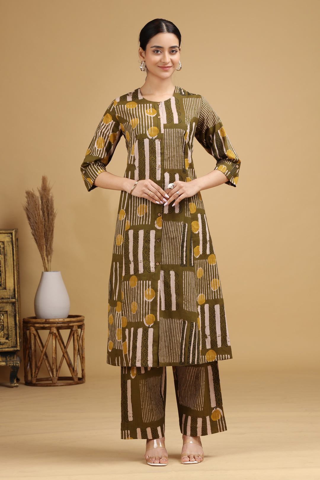 Olive Abstract Printed Straight Co-ord Set