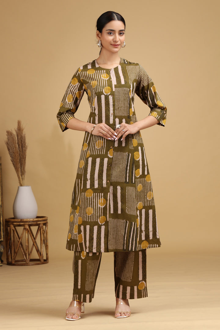 Olive Abstract Printed Straight Co-ord Set