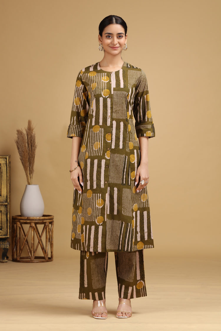 Olive Abstract Printed Straight Co-ord Set