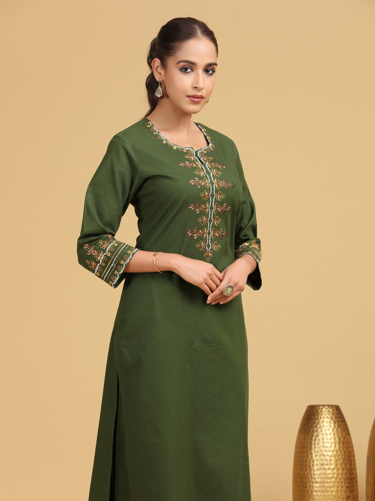 Olive Embroidered Cotton Straight Co-ord Set