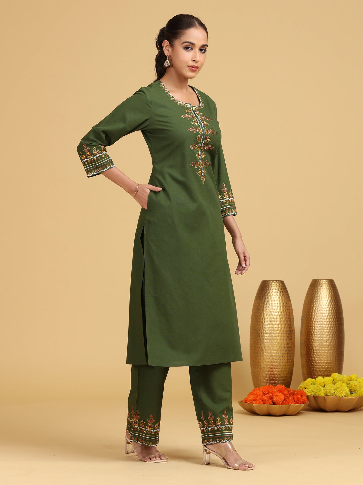 Olive Embroidered Cotton Straight Co-ord Set