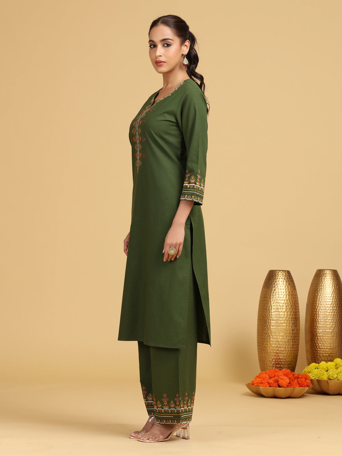 Olive Embroidered Cotton Straight Co-ord Set