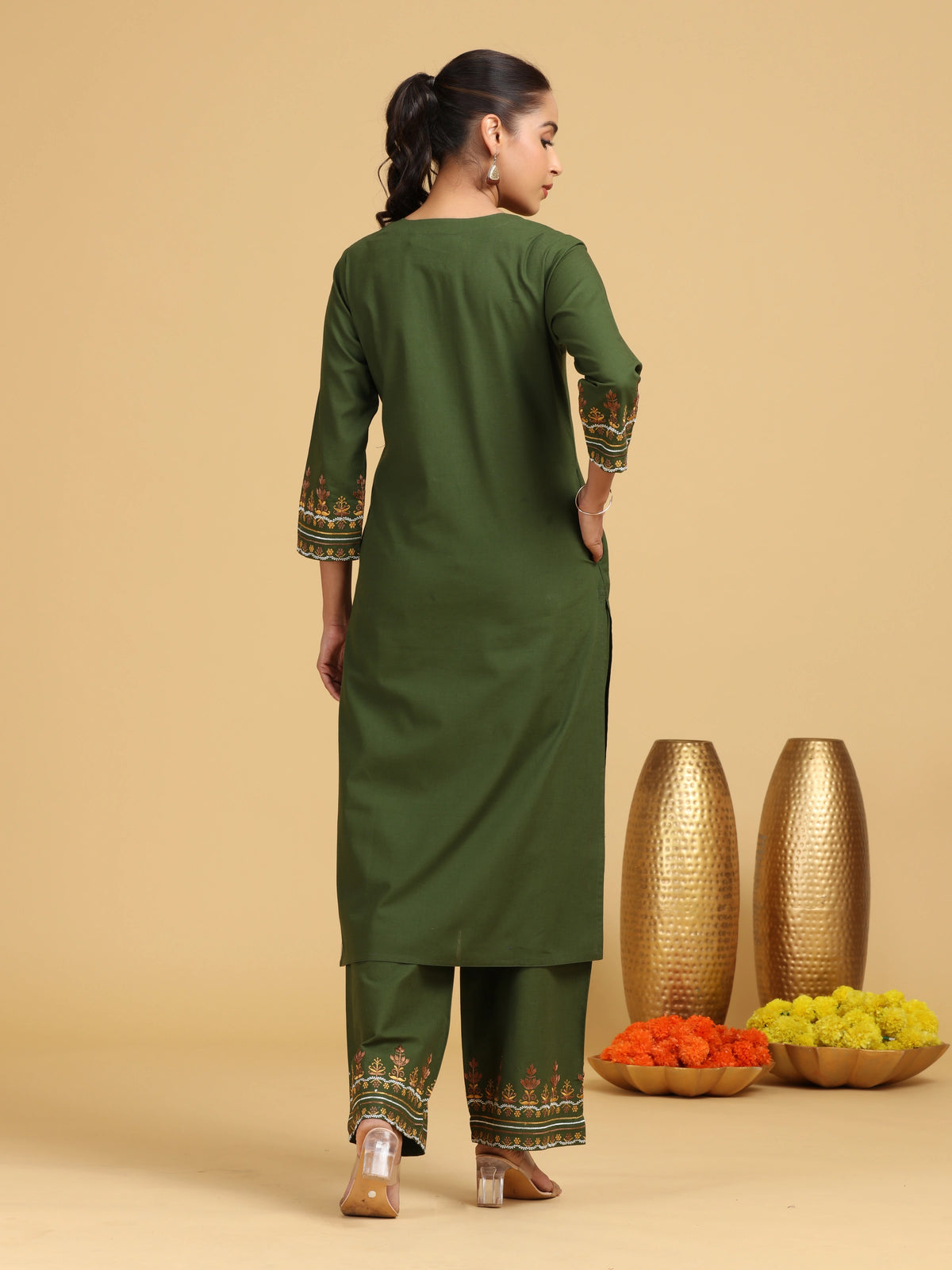 Olive Embroidered Cotton Straight Co-ord Set