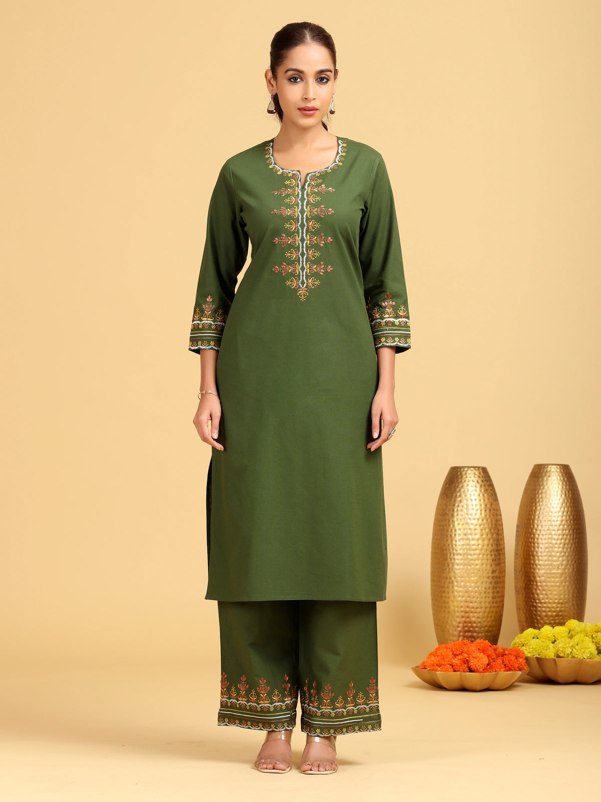Olive Embroidered Cotton Straight Co-ord Set