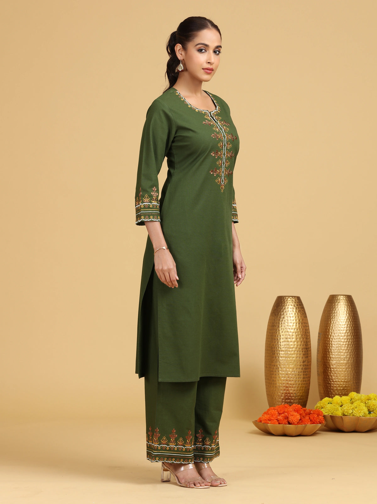 Olive Embroidered Cotton Straight Co-ord Set