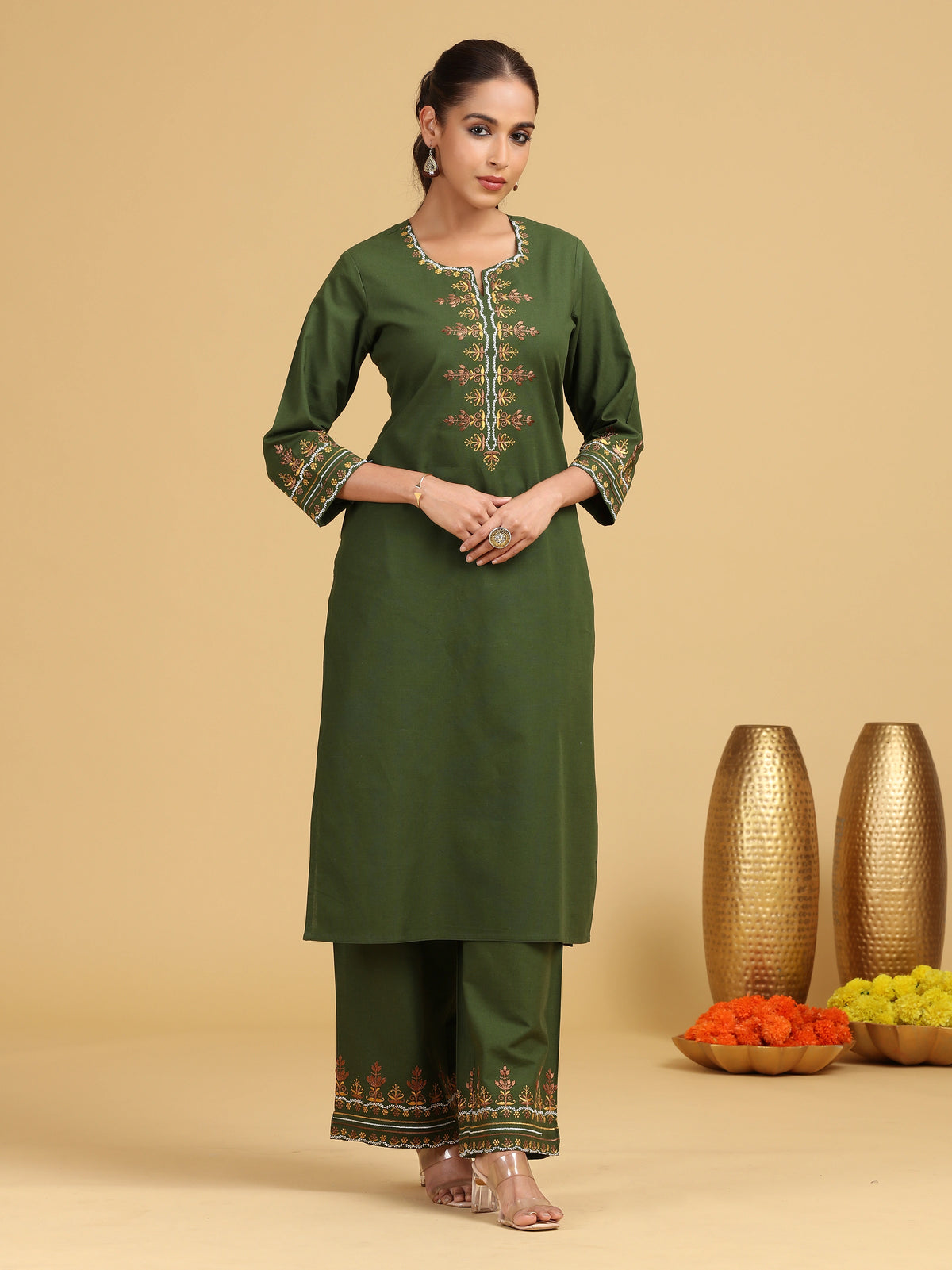 Olive Embroidered Cotton Straight Co-ord Set