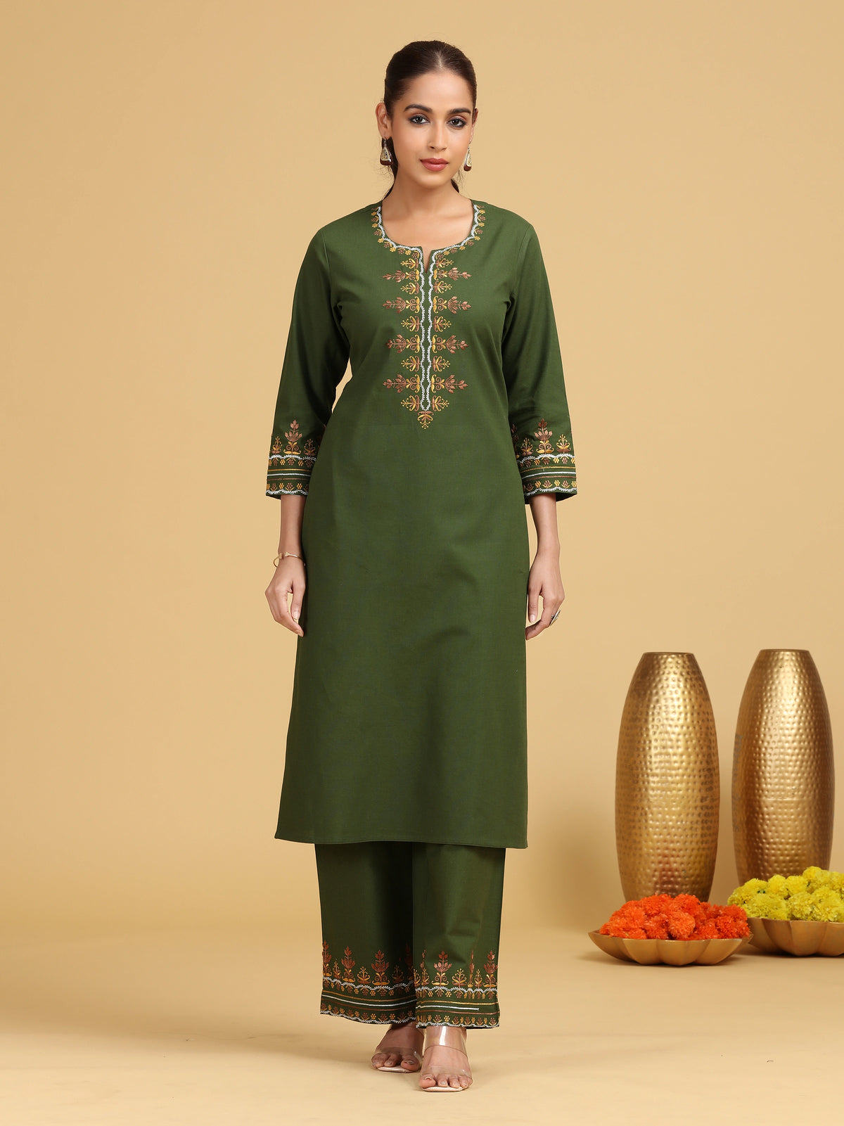Olive Embroidered Cotton Straight Co-ord Set