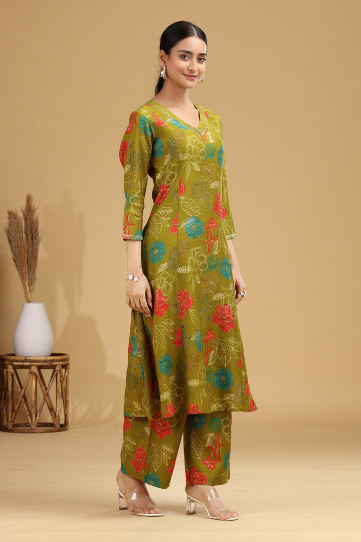Olive Floral Printed A-Line Ethnic Set