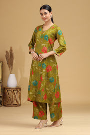 Olive Floral Printed A-Line Ethnic Set