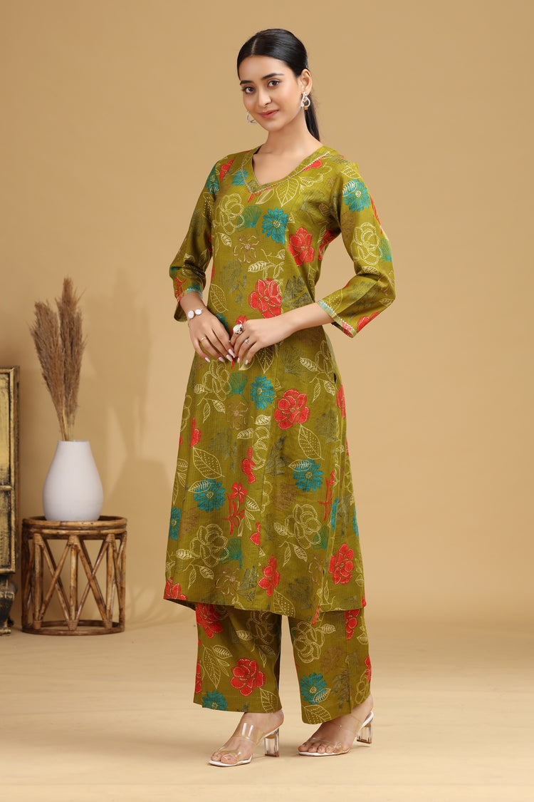 Olive Floral Printed A-Line Ethnic Set