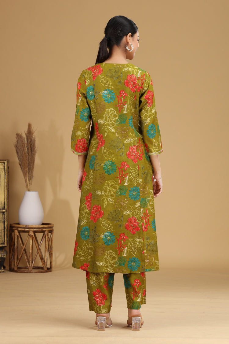 Olive Floral Printed A-Line Ethnic Set