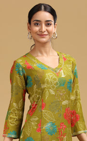 Olive Floral Printed A-Line Ethnic Set