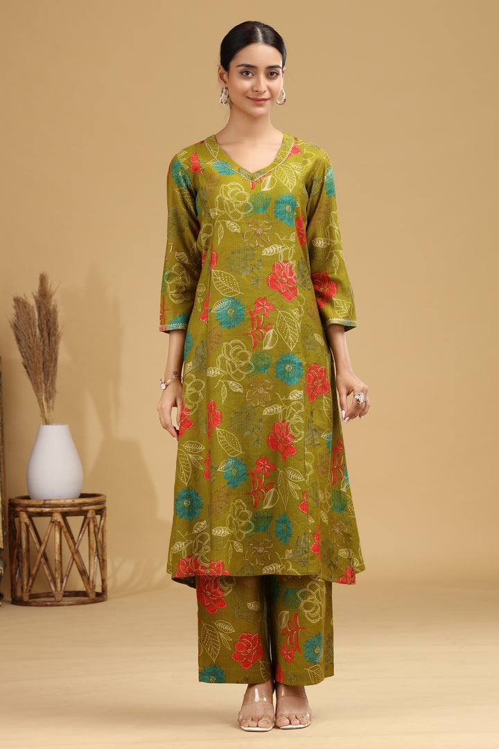 Olive Floral Printed A-Line Ethnic Set