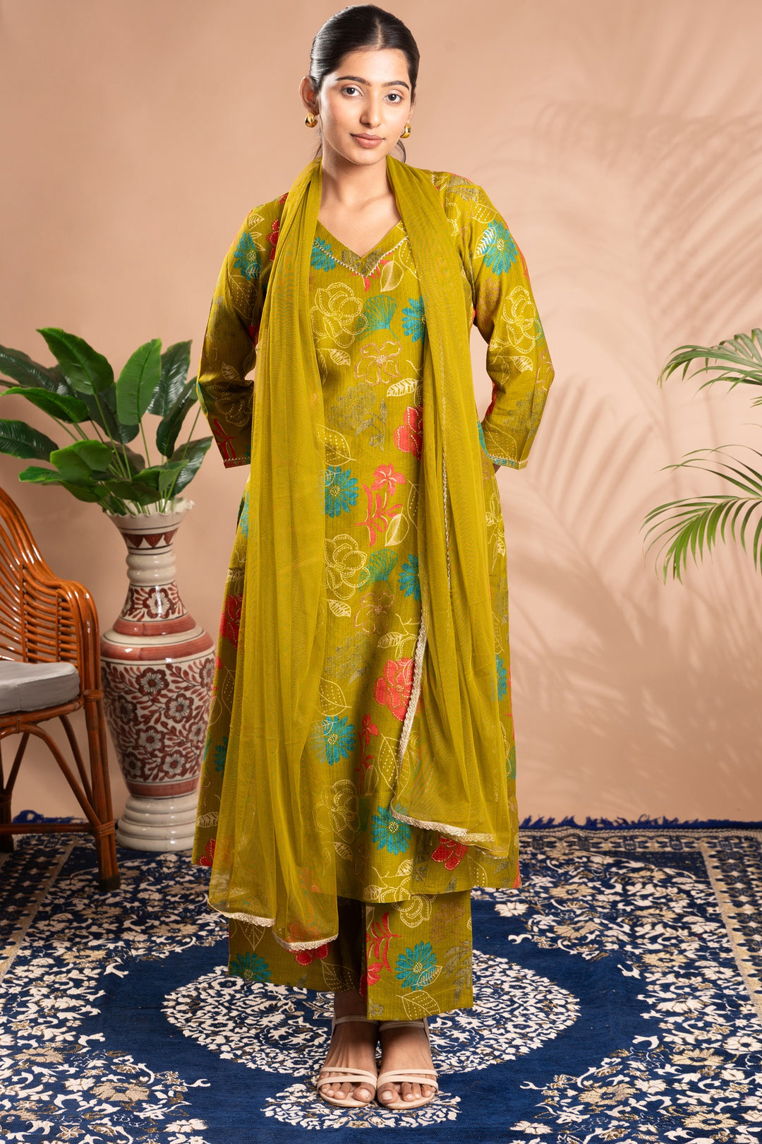 Olive Floral Printed A-Line Ethnic Set