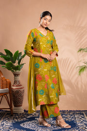 Olive Floral Printed A-Line Ethnic Set