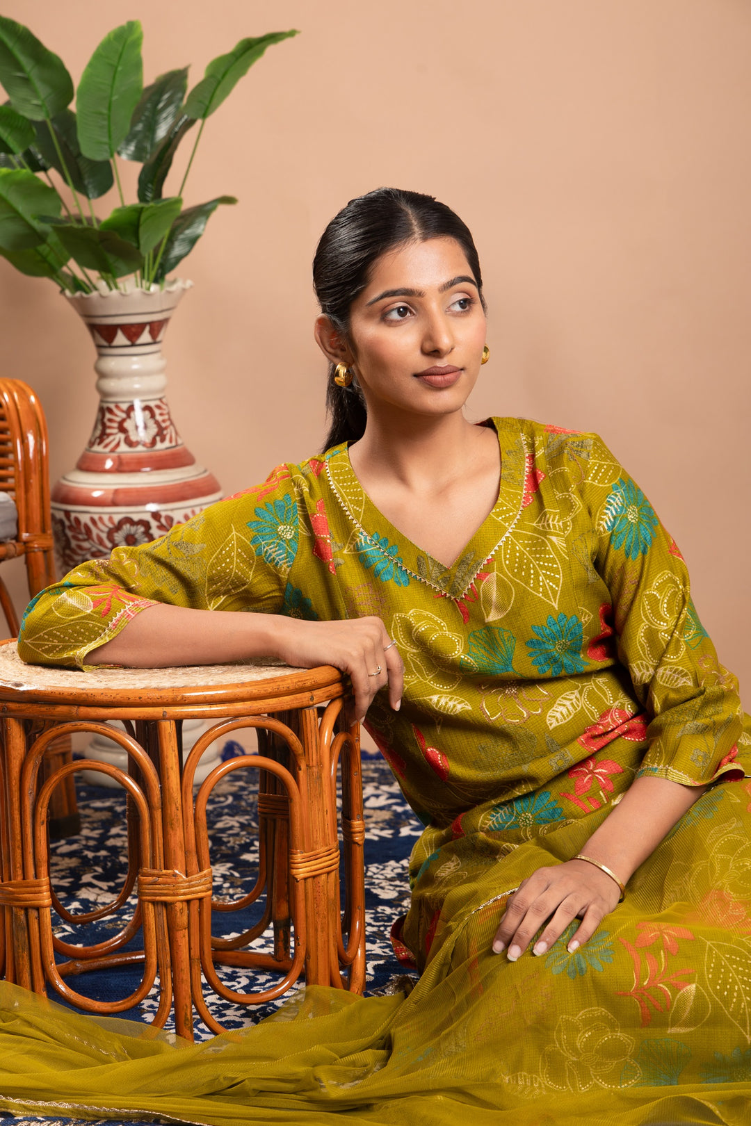Olive Floral Printed A-Line Ethnic Set