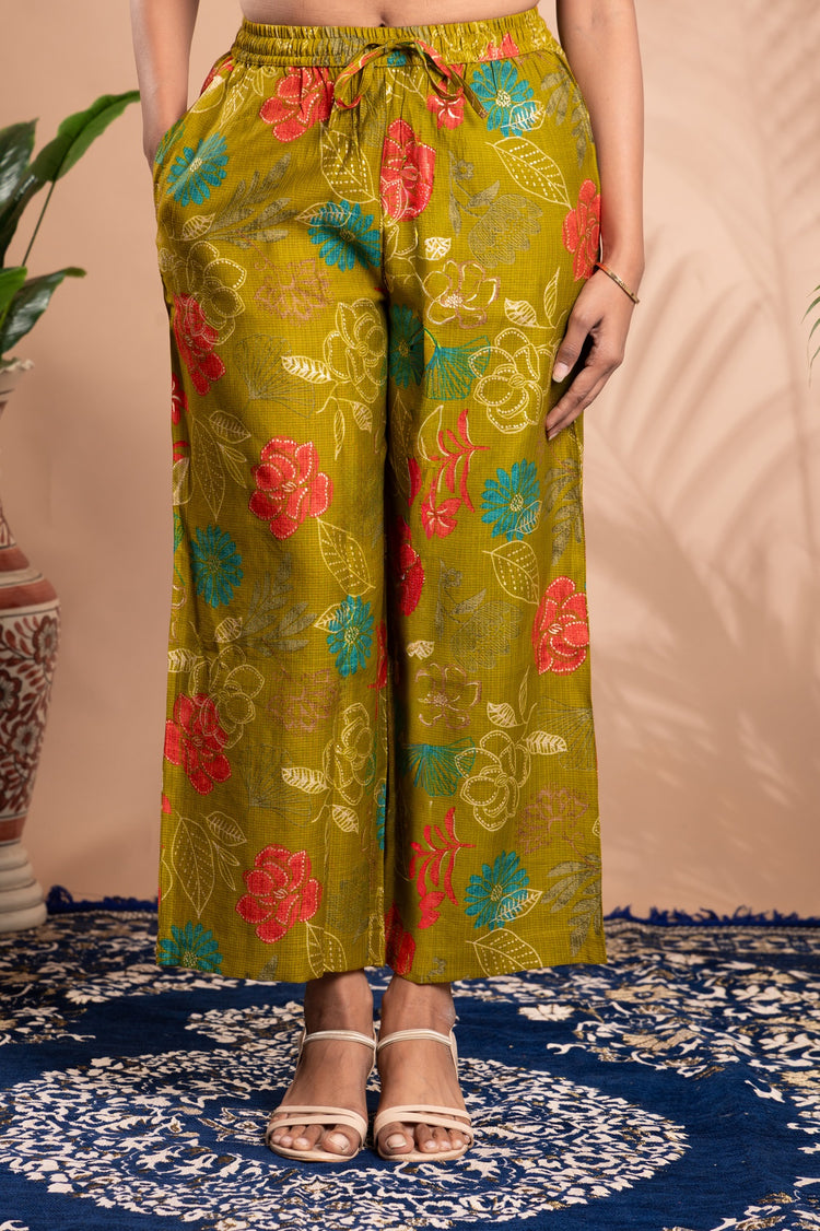 Olive Floral Printed A-Line Ethnic Set