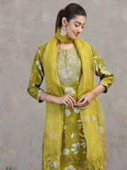 Olive Green Floral Embroidered Straight Ethnic Set
