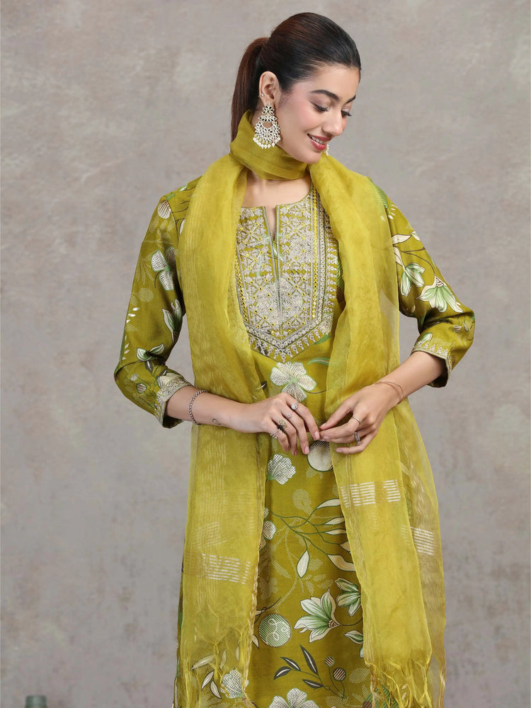 Olive Green Floral Embroidered Straight Ethnic Set