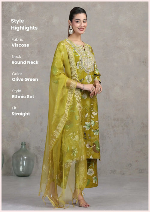 Olive Green Floral Embroidered Straight Ethnic Set