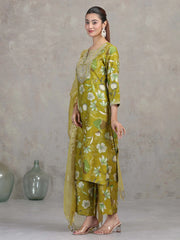 Olive Green Floral Embroidered Straight Ethnic Set