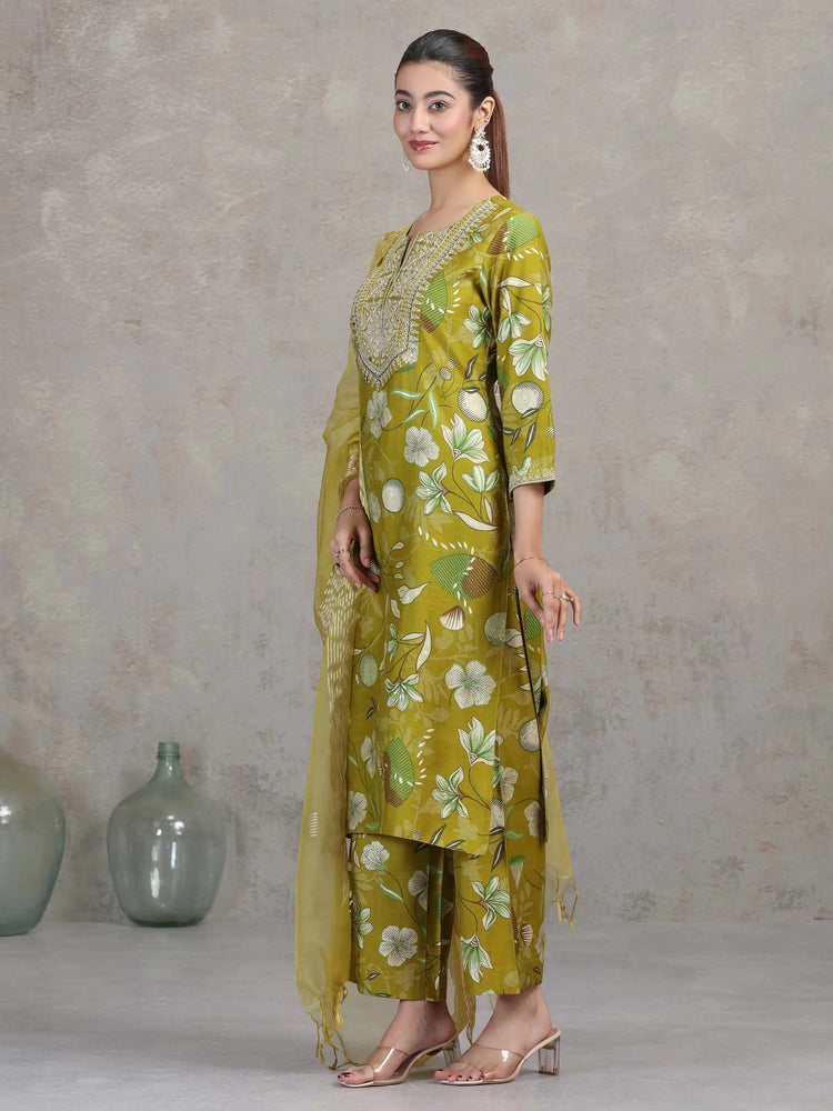Olive Green Floral Embroidered Straight Ethnic Set