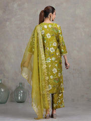 Olive Green Floral Embroidered Straight Ethnic Set