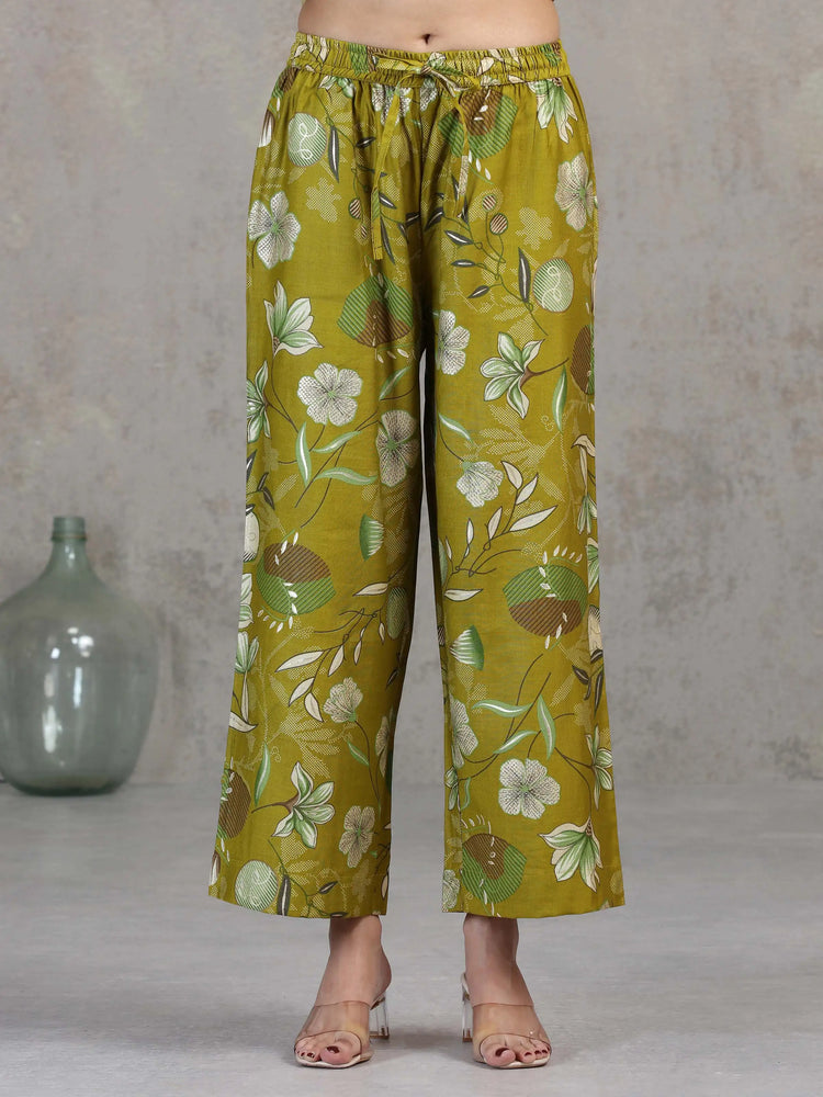 Olive Green Floral Embroidered Straight Ethnic Set