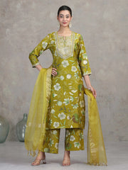 Olive Green Floral Embroidered Straight Ethnic Set