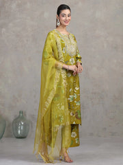 Olive Green Floral Embroidered Straight Ethnic Set