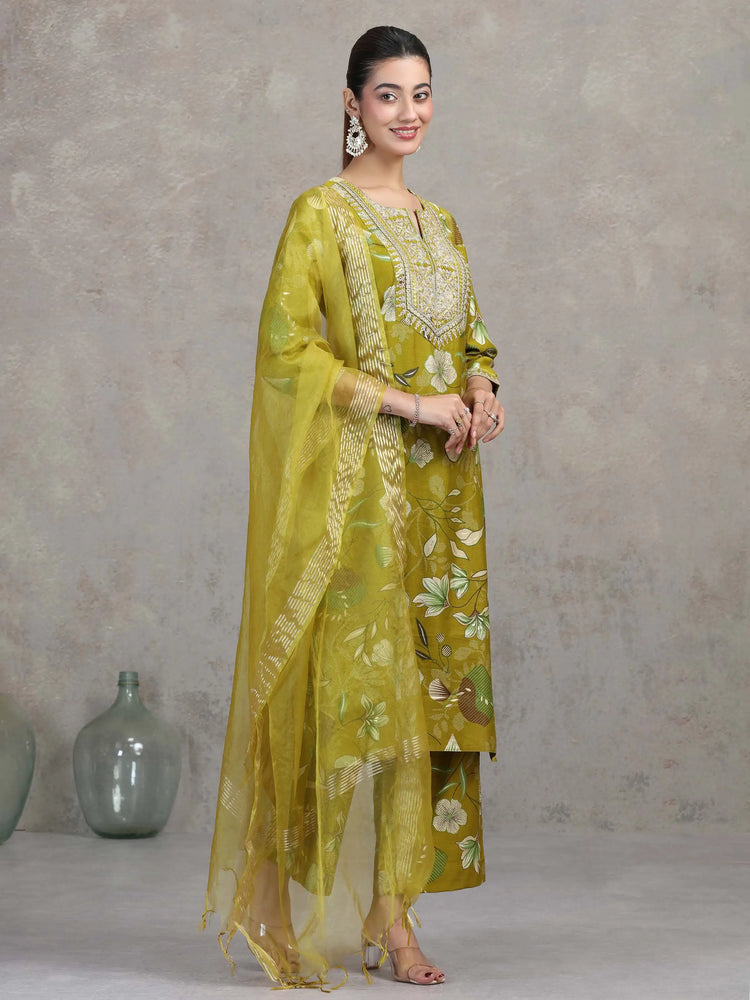 Olive Green Floral Embroidered Straight Ethnic Set