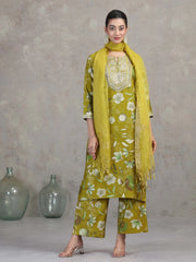 Olive Green Floral Embroidered Straight Ethnic Set