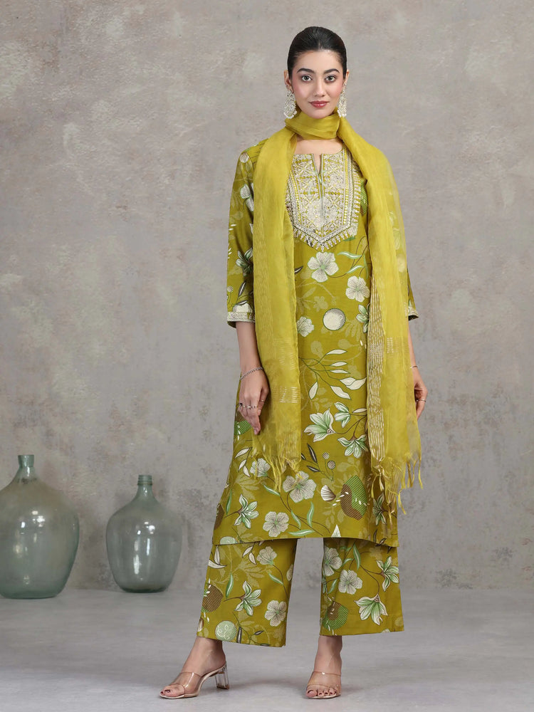 Olive Green Floral Embroidered Straight Ethnic Set