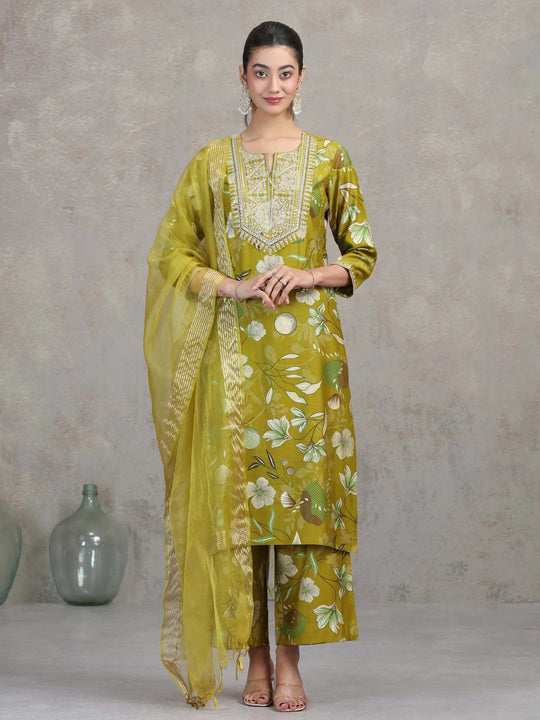 Olive Green Floral Embroidered Straight Ethnic Set