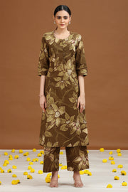 Olive Green Floral Printed Cotton A Line Co-ord Set