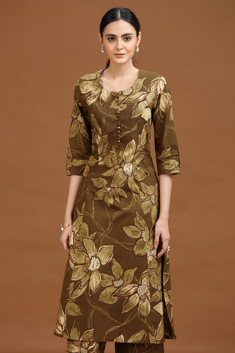 Olive Green Floral Printed Cotton A Line Co-ord Set