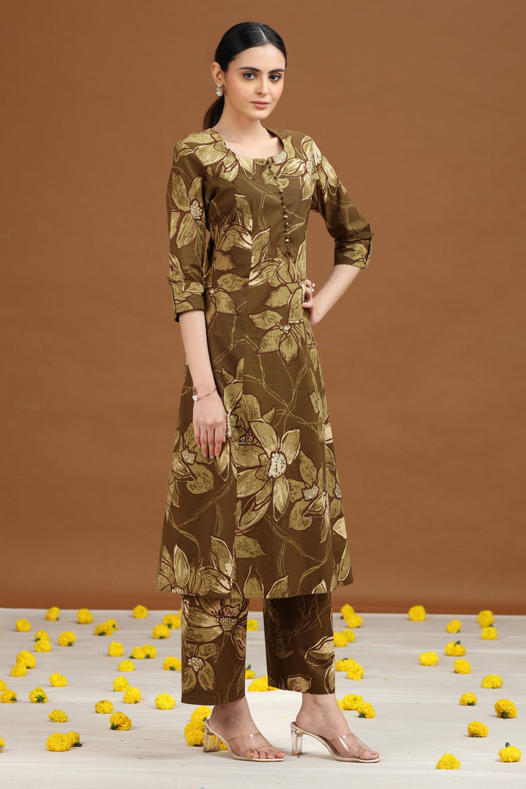 Olive Green Floral Printed Cotton A Line Co-ord Set