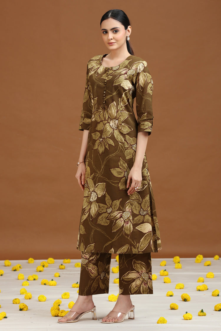 Olive Green Floral Printed Cotton A Line Co-ord Set