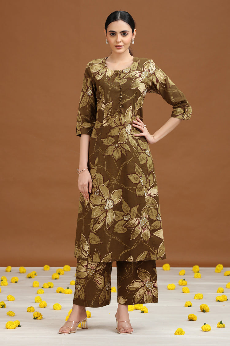 Olive Green Floral Printed Cotton A Line Co-ord Set