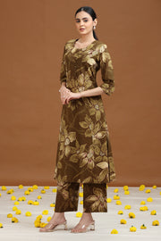 Olive Green Floral Printed Cotton A Line Co-ord Set