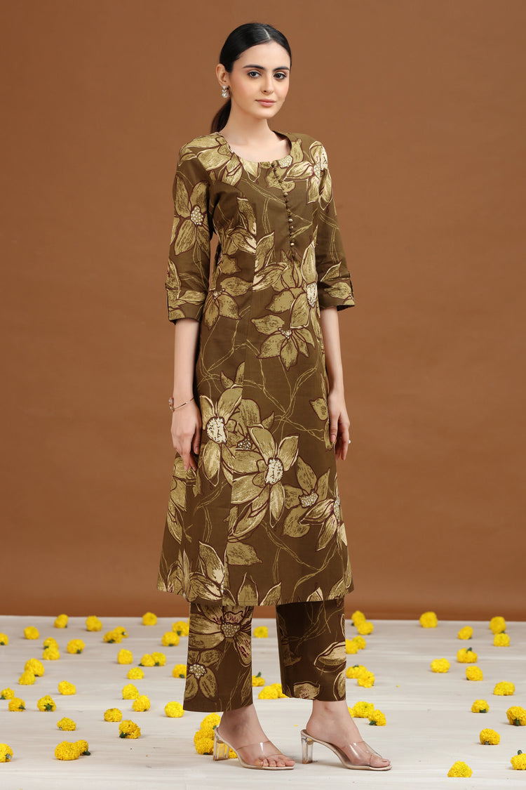 Olive Green Floral Printed Cotton A Line Co-ord Set