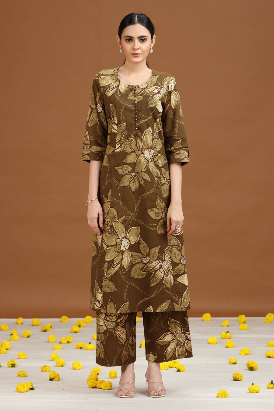 Olive Green Floral Printed Cotton A Line Co-ord Set