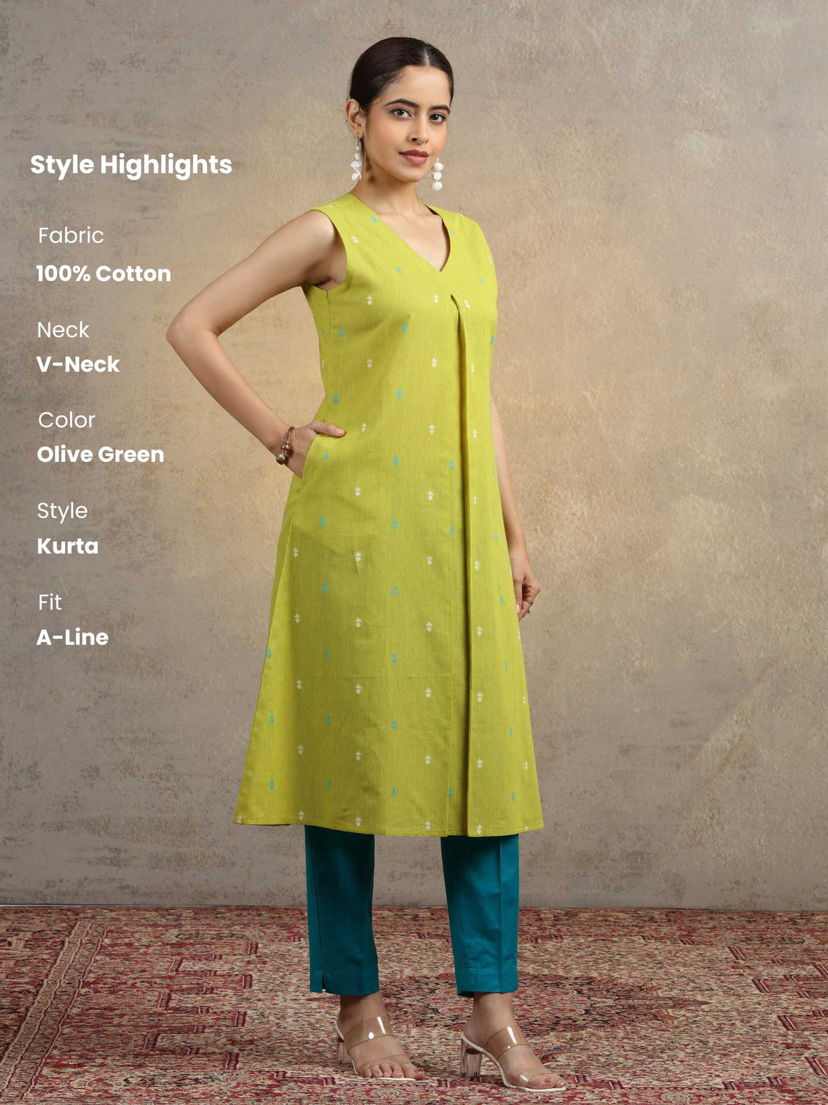 Olive Green Pure Cotton A-Line Ethnic Kurta