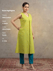 Olive Green Pure Cotton A-Line Ethnic Kurta