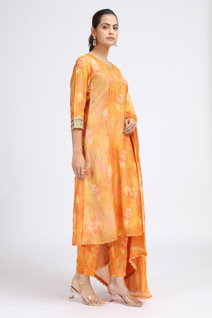 Orange Chinnon Embroidered Straight Kurta Pant and Dupatta Suit Set for women