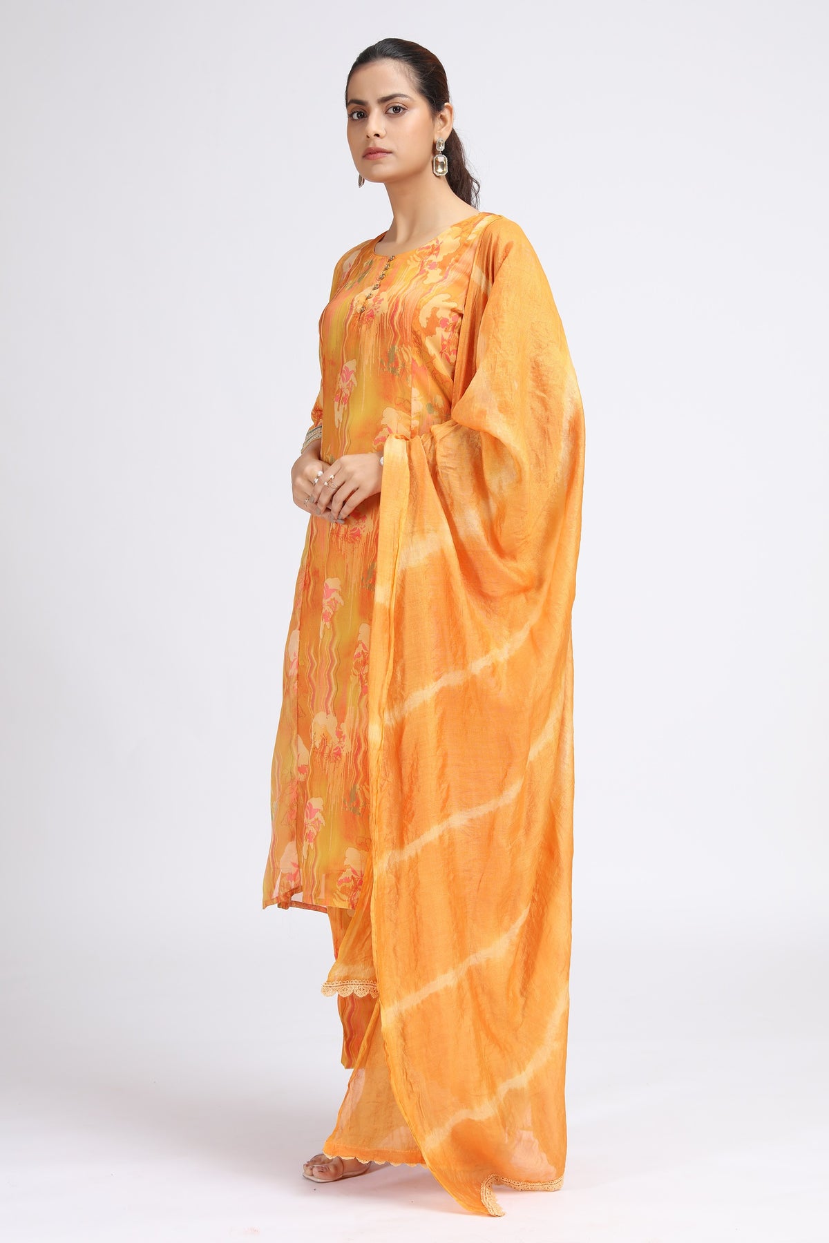 Orange Chinnon Embroidered Straight Kurta Pant and Dupatta Suit Set for women