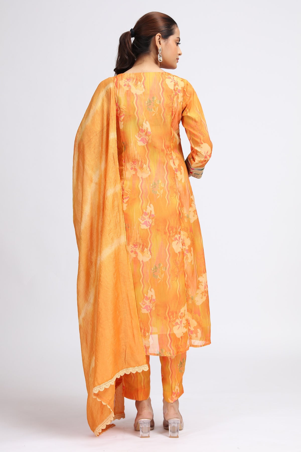 Orange Chinnon Embroidered Straight Kurta Pant and Dupatta Suit Set for women